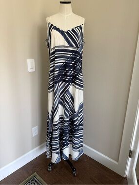 LOFT Navy and White Abstract Striped Maxi Dress